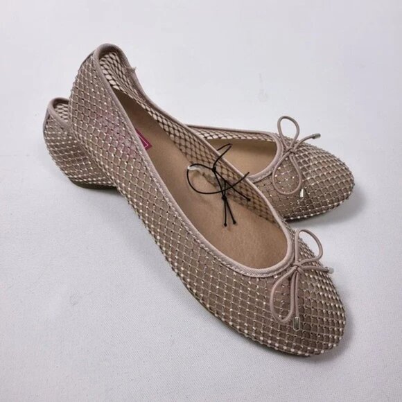 Pop Attraction Nude Women's Size 8.5 Beige Mesh Rhinestones Jewel Ballet Flat - Picture 1 of 12